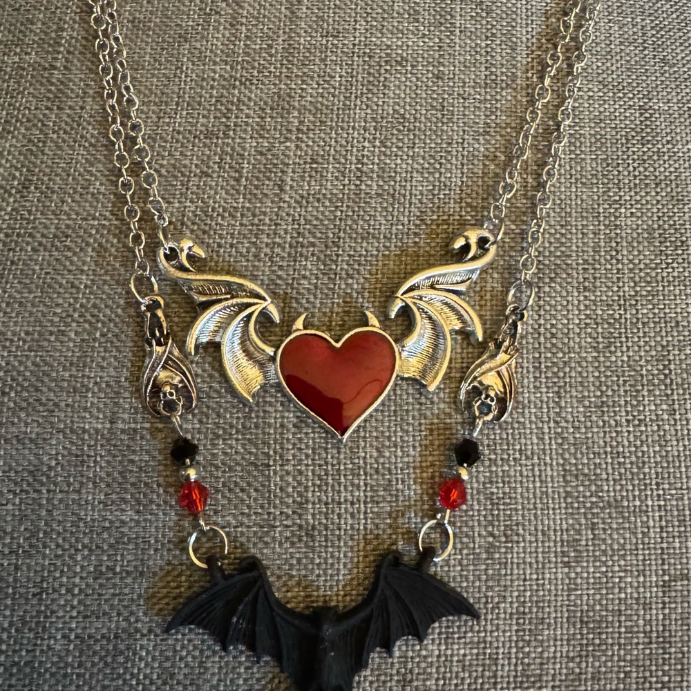 Gothic Silver Necklace with Red Heart and Black Bat